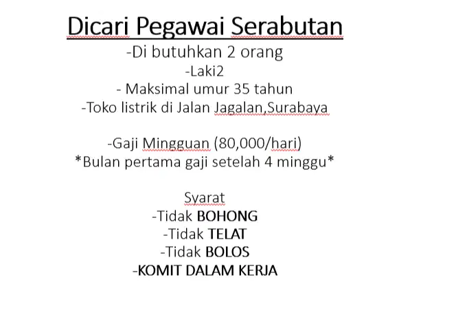 Dicari 2 pegawai serabutan buat toko listrik di Jalan Jagalan