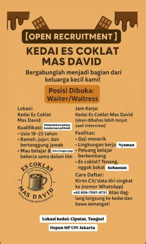 Loker Karyawan Es Coklat Mas David