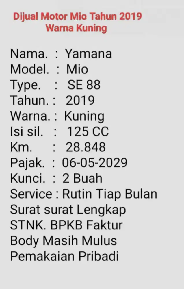 Dijual Motor Yamaha Mio 2019 warna Kuning.