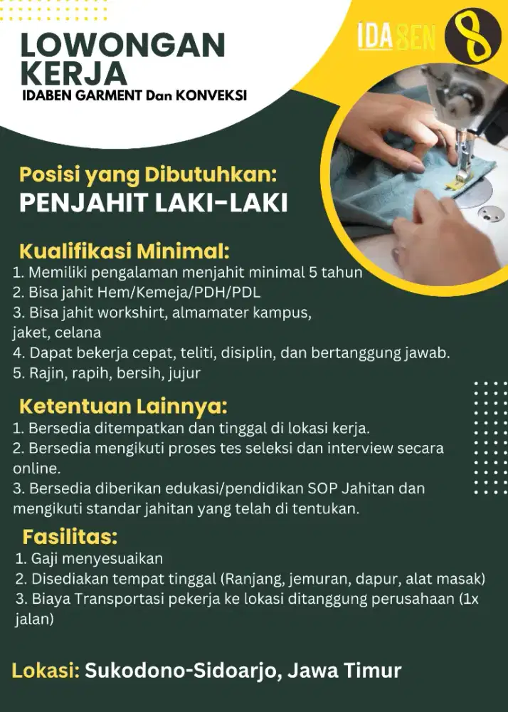 Lowongan Penjahit Laki-laki