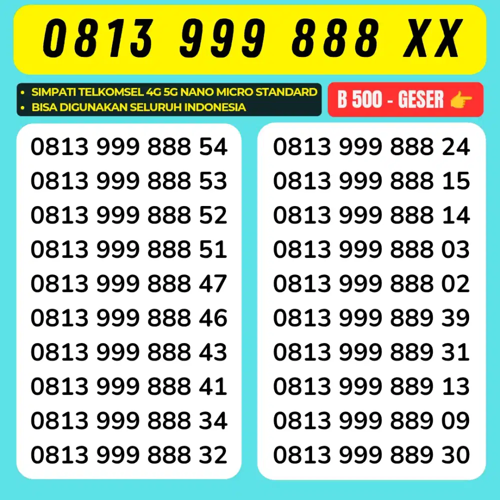 Nomor cantik Super 999 888 Telkomsel support 5g