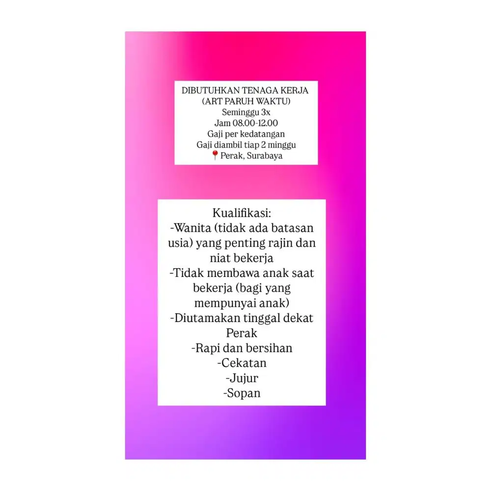 Dibutuhkan ART Paruh Waktu (Pulang Pergi)