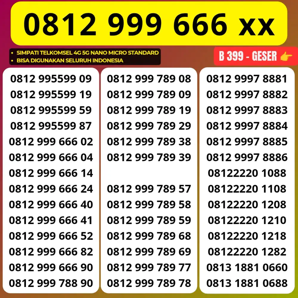 Nomor Cantik Super Hoki 999 666 Kartu Perdana Simpati 4G 5G Telkomsel