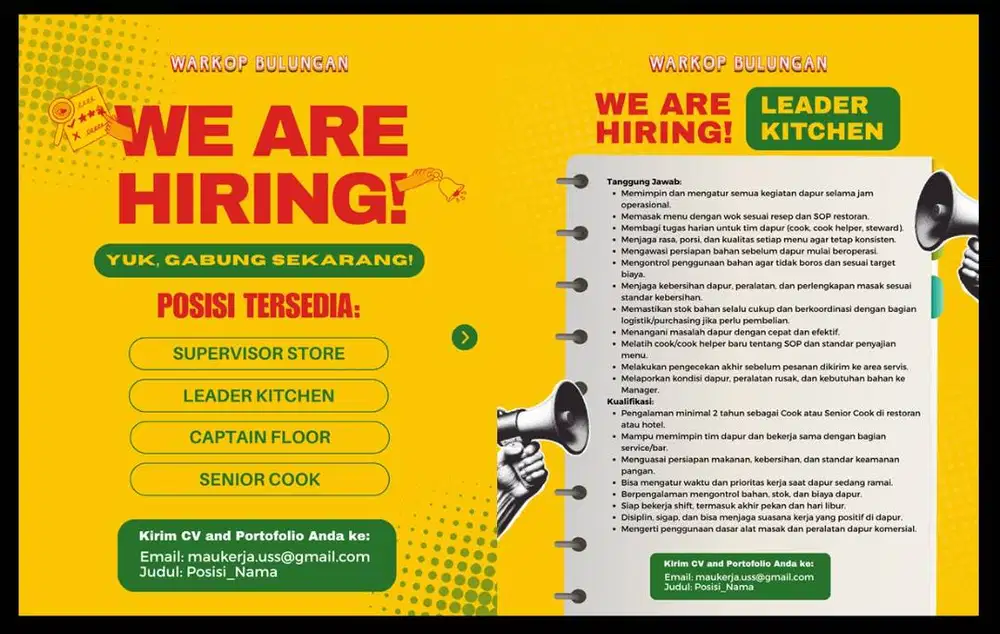 Lowongan Leader Kitchen.