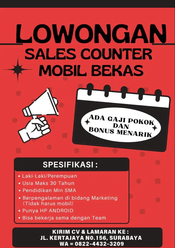 Dicari Sales Counter Mobil bekas tidak keliling