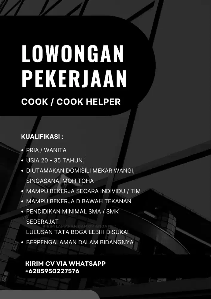 DIBUTUHKAN COOK/COOK HELPER