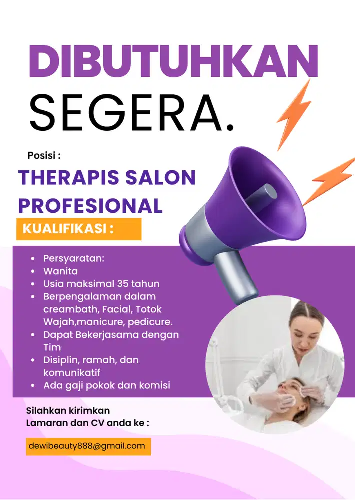 Di butuhkan Terapis Wanita salon DAN KOKI MASAK CIKARANG