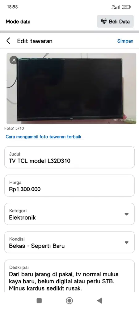 TV TCL 32 INCH model L32D310