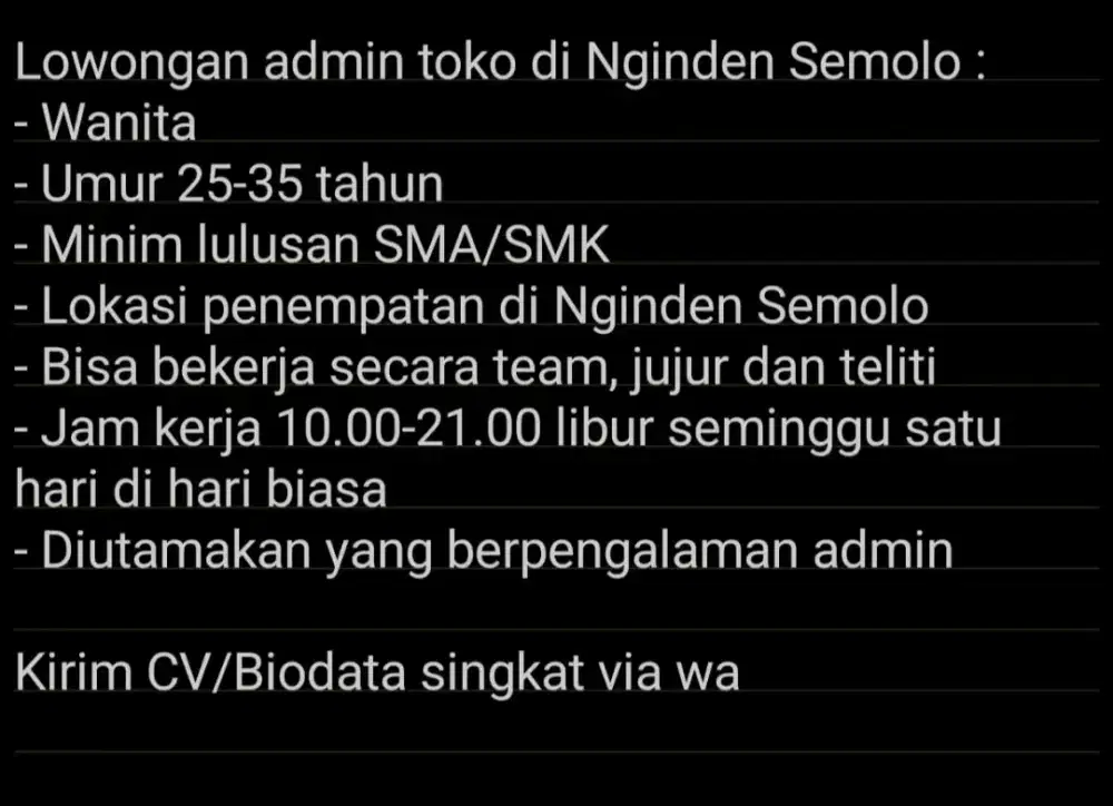 Lowongan admin toko si Jl Nginden Semolo, surabaya