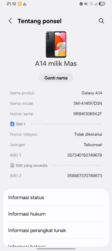 Jual hp sasung a14 ram 6 mulus no minus cek sepuas nya