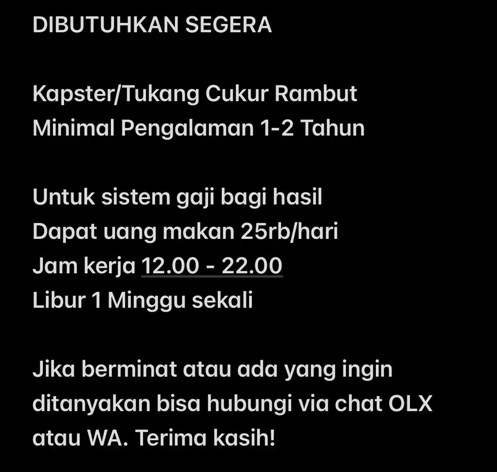 LOWONGAN KERJA - DIBUTUHAN SEGERA KAPSTER/TUKANG CUKUR RAMBUT
