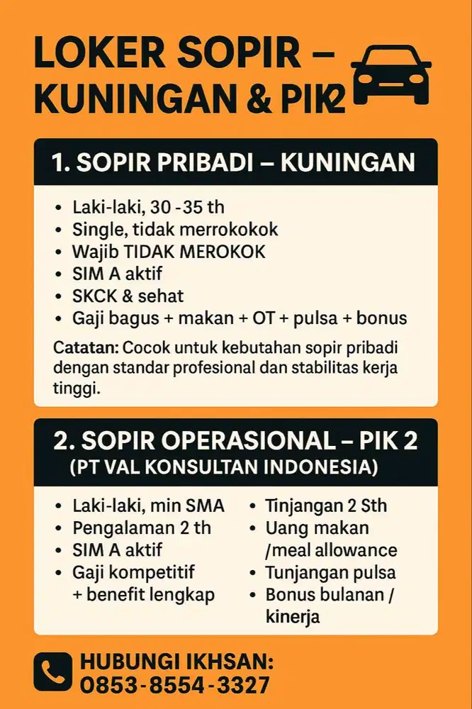 DIBUTUHKAN DRIVER PRIBADI DAN DRIVER OPERATIONAL KANTOR