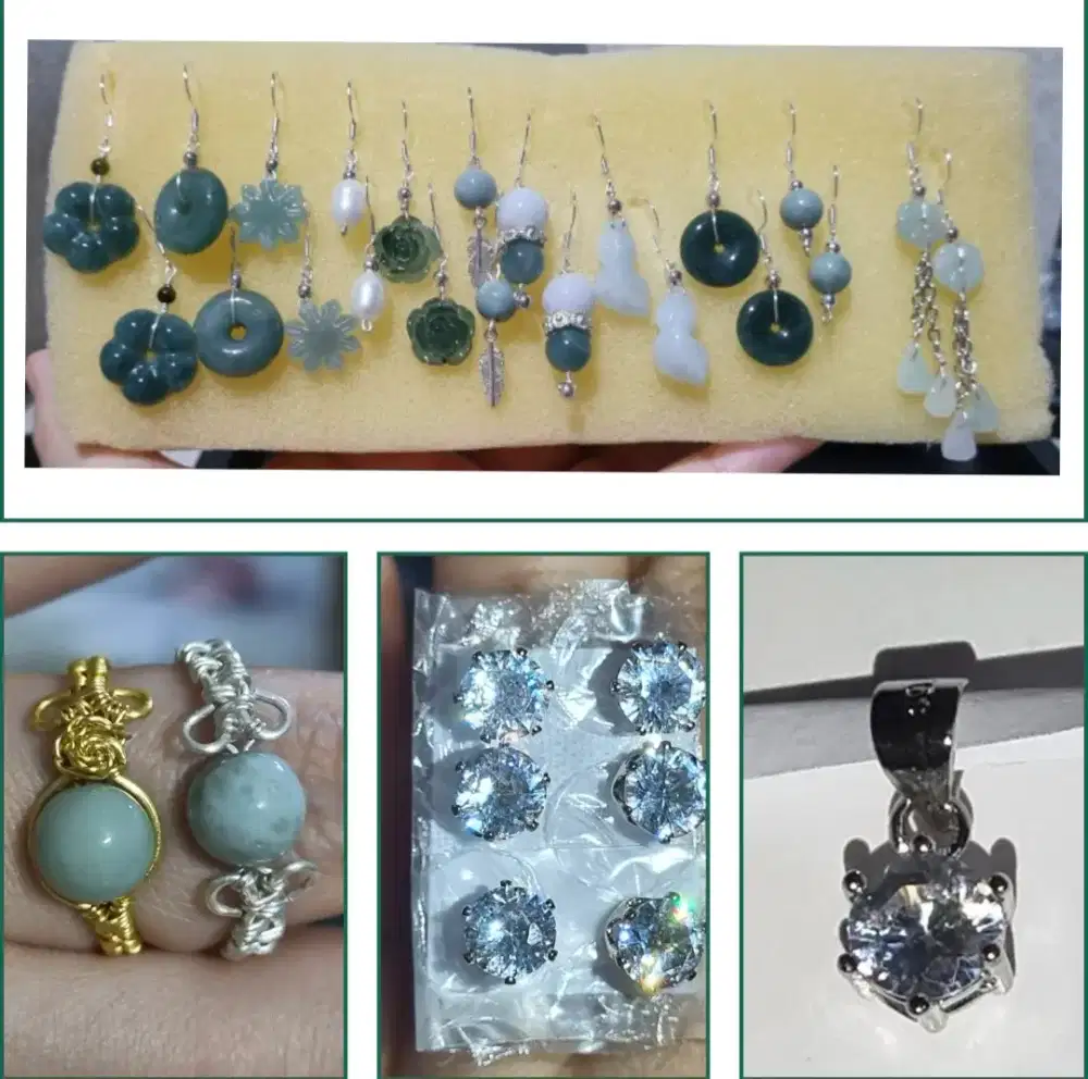 Beragam anting dan cincin giok dan mossang bahan s925