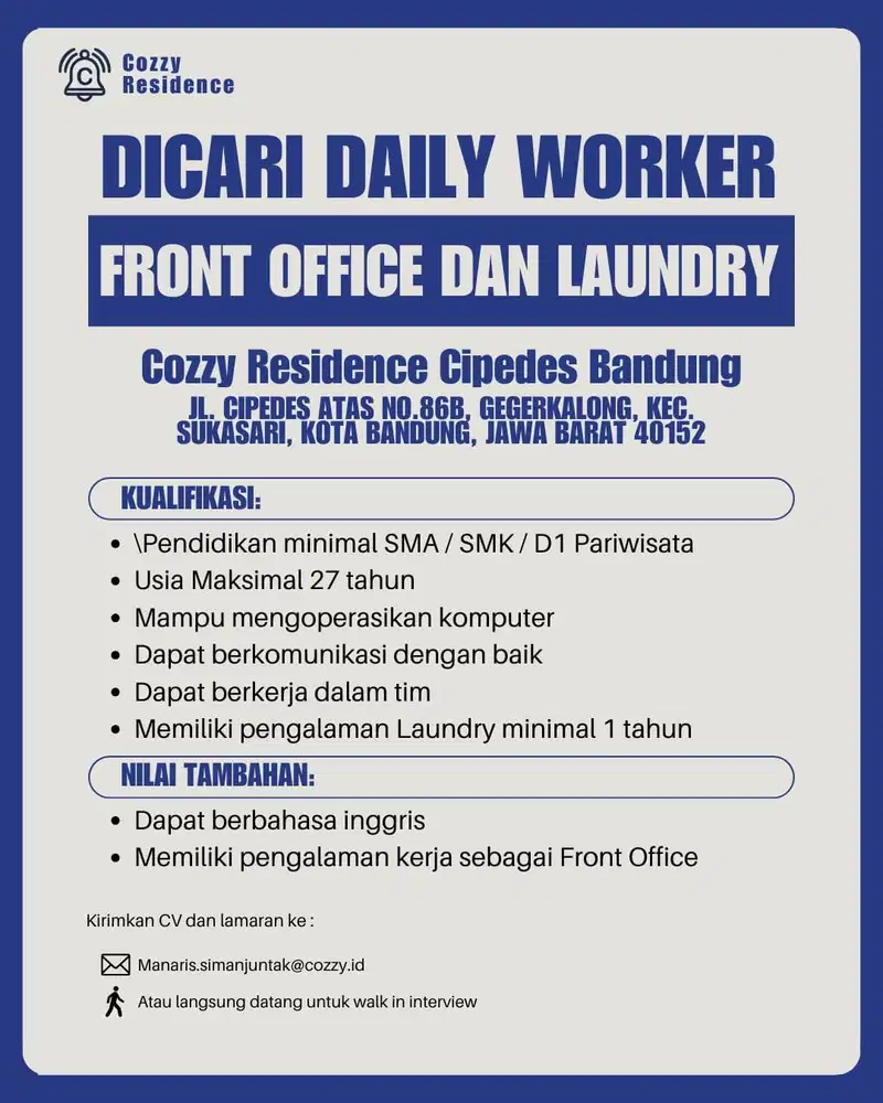 Dicari : Fron Office dan Laundry Hotel Budget