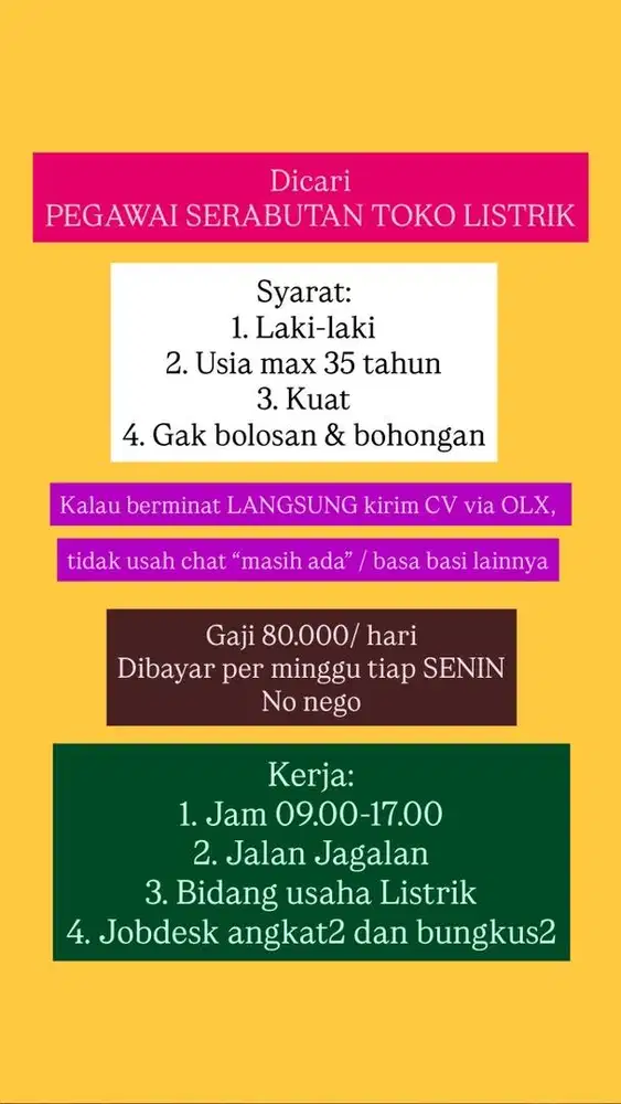 Lowongan kerja SERABUTAN di TOKO LISTRIK