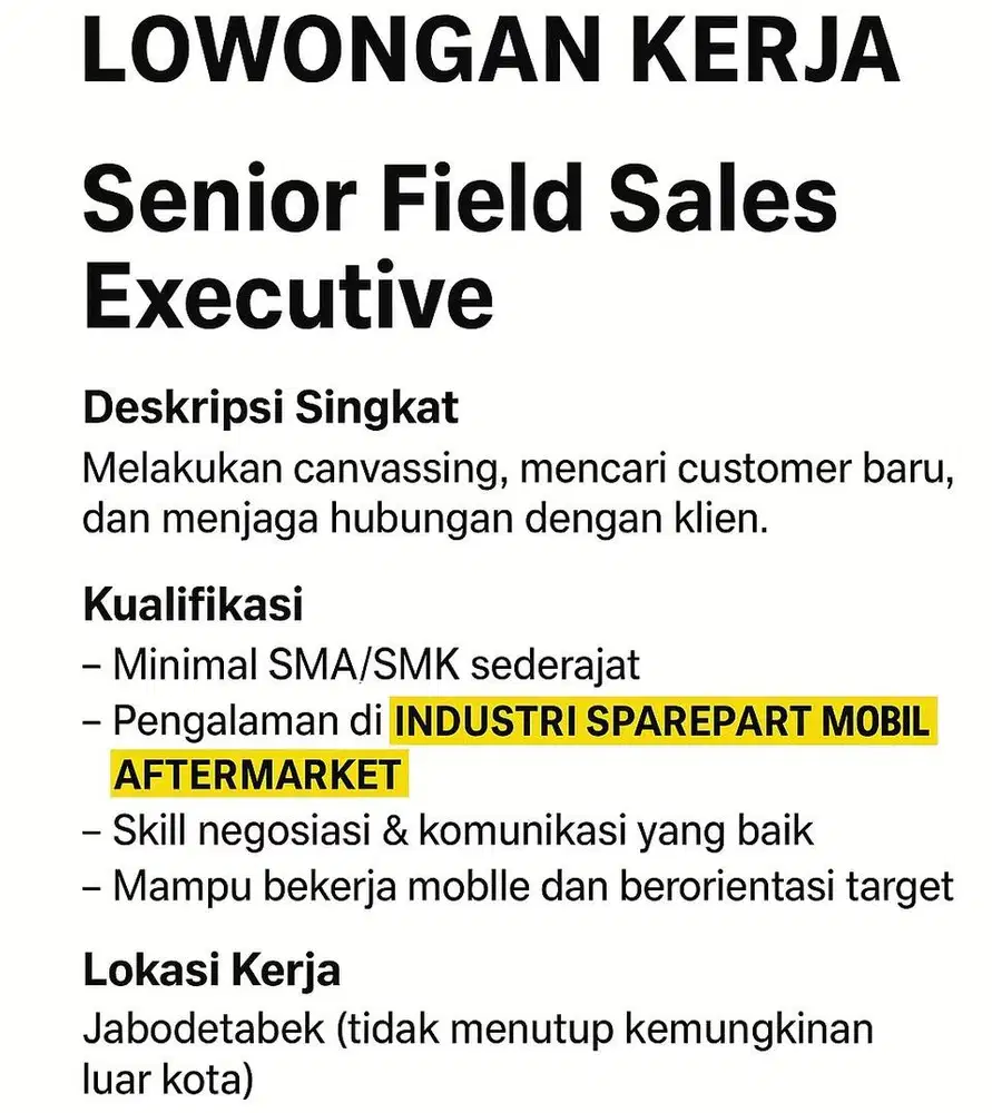 SALES B2B TOKO SPAREPART MOBIL AFTERMARKET (BERPENGALAMAN / SENIOR)
