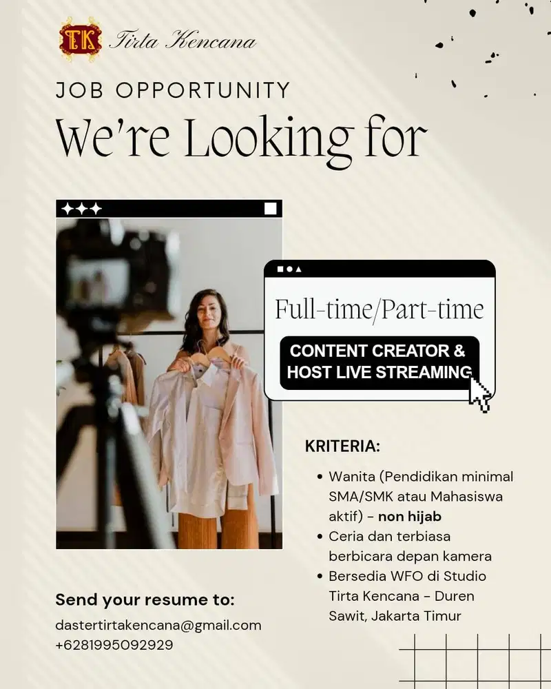 Full time / Part time Host Live Streaming and Content Creator