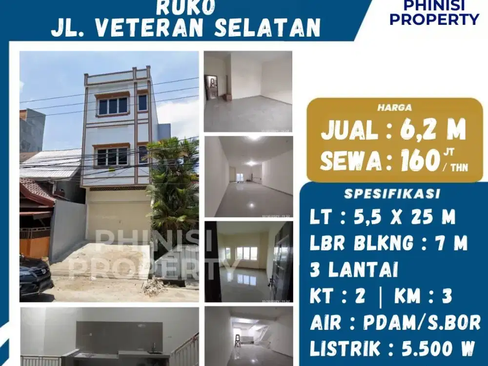 DIJUAL / DISEWAKAN RUKO 3 LANTAI DI VETERAN SELATAN