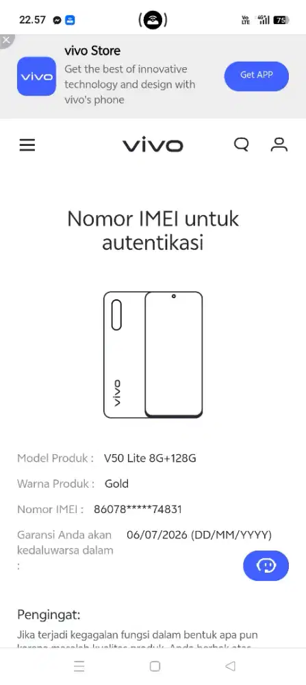 Vivo v50 lite garansi on