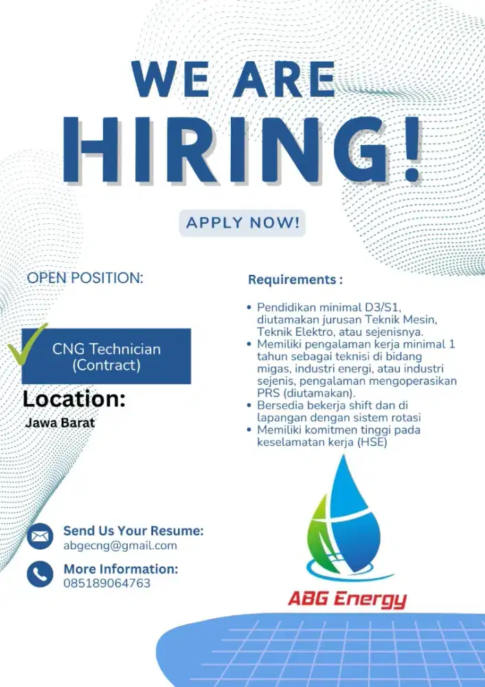 Dicari Teknisi CNG (Compressed Natural Gas)!