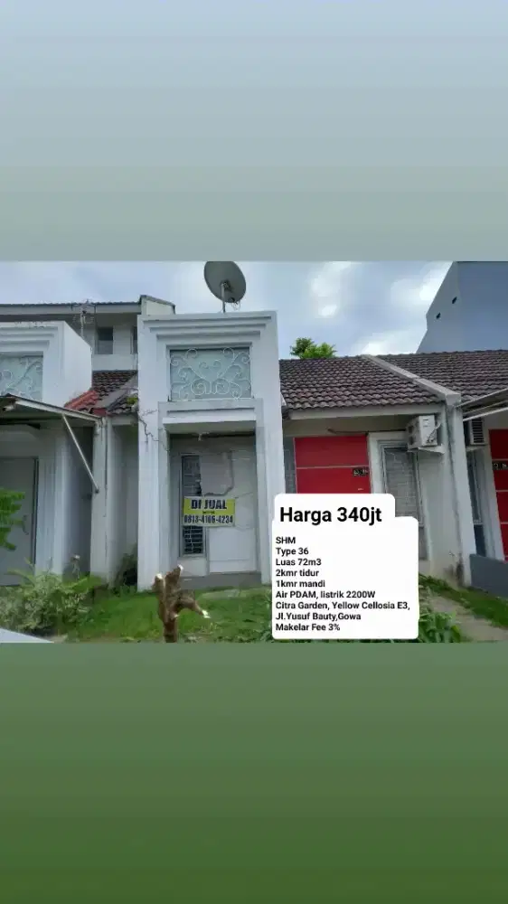 Makelar Fee 3%, Jual rmh type 36 Citra garden Gowa