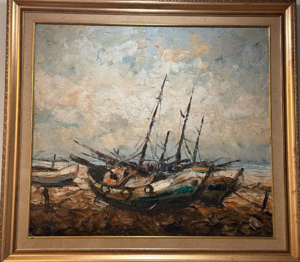 Lukisan Cat Minyak  Kampung Perahu Nelayan by Mozes Misdy