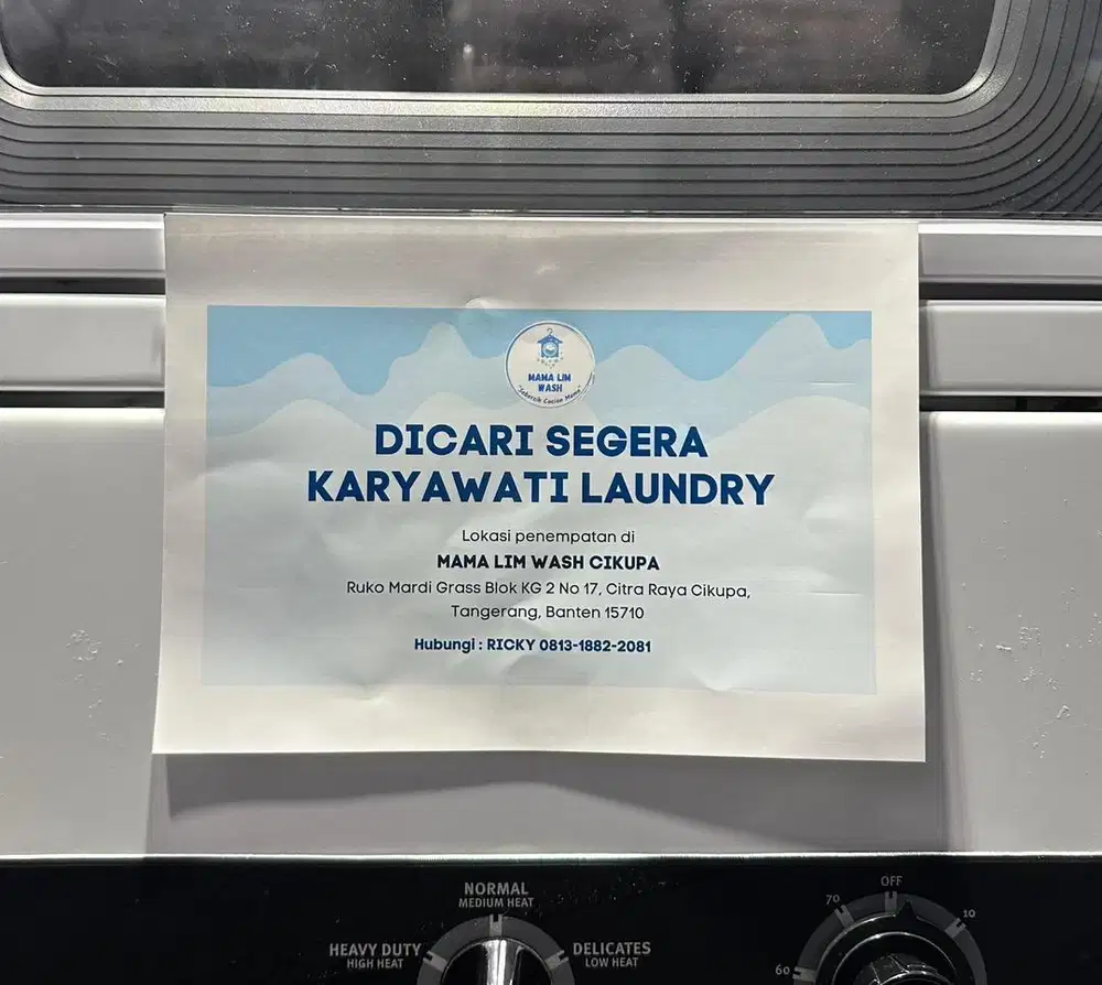 Dicari segera KARYAWATI LAUNDRY CITRA RAYA CIKUPA TANGERANG