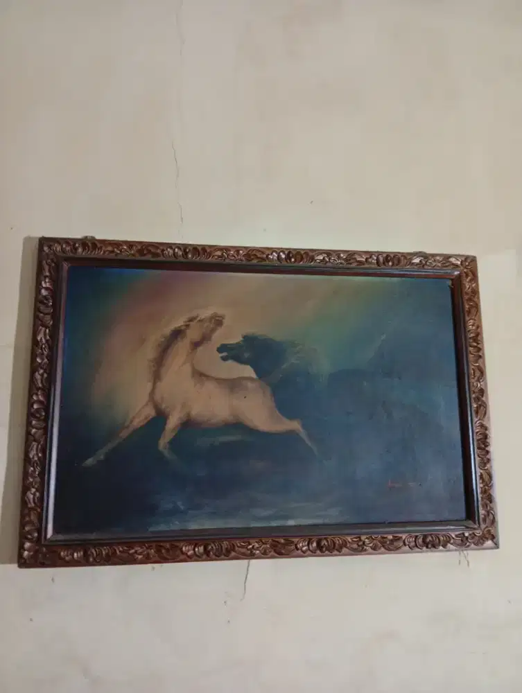 Lukisan kanvas besar asli lawasan kuno antik gagah wibawa