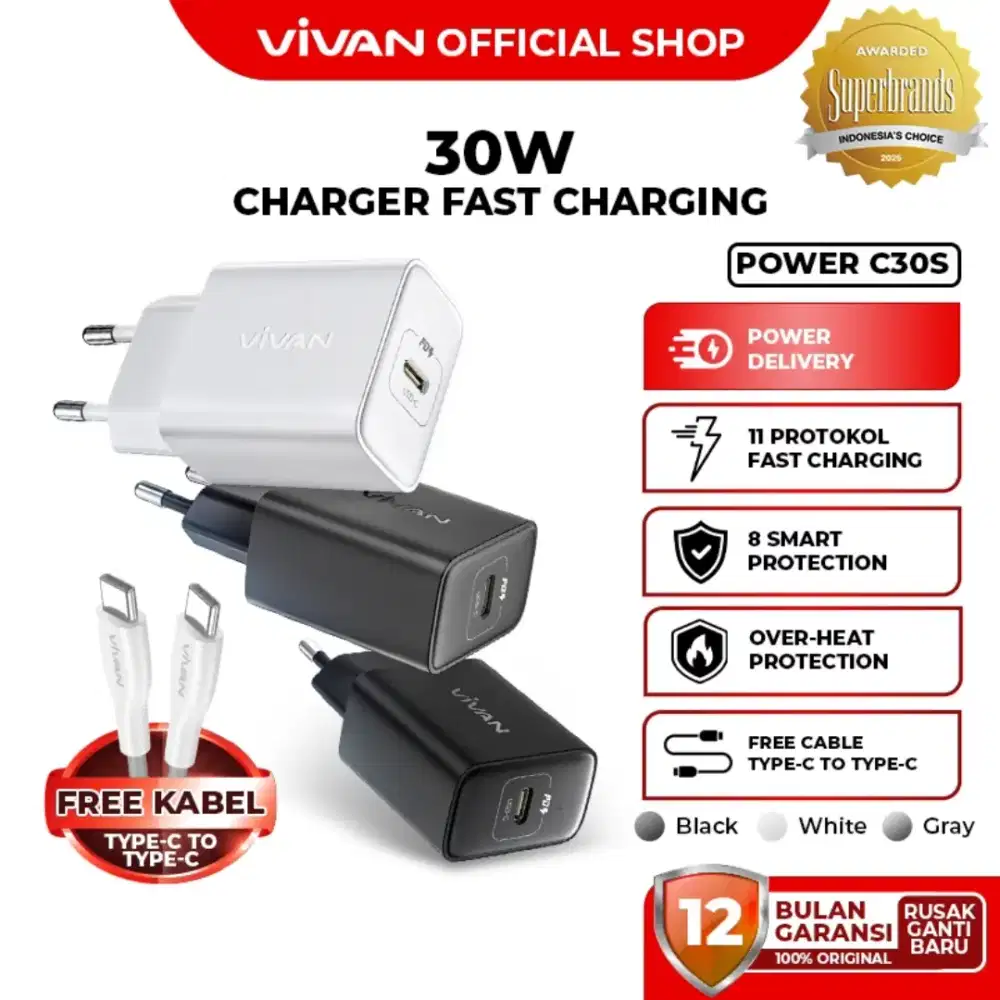 VIVAN Power C30S Charger USB-C To Type-C PD30W Super Fast Charging