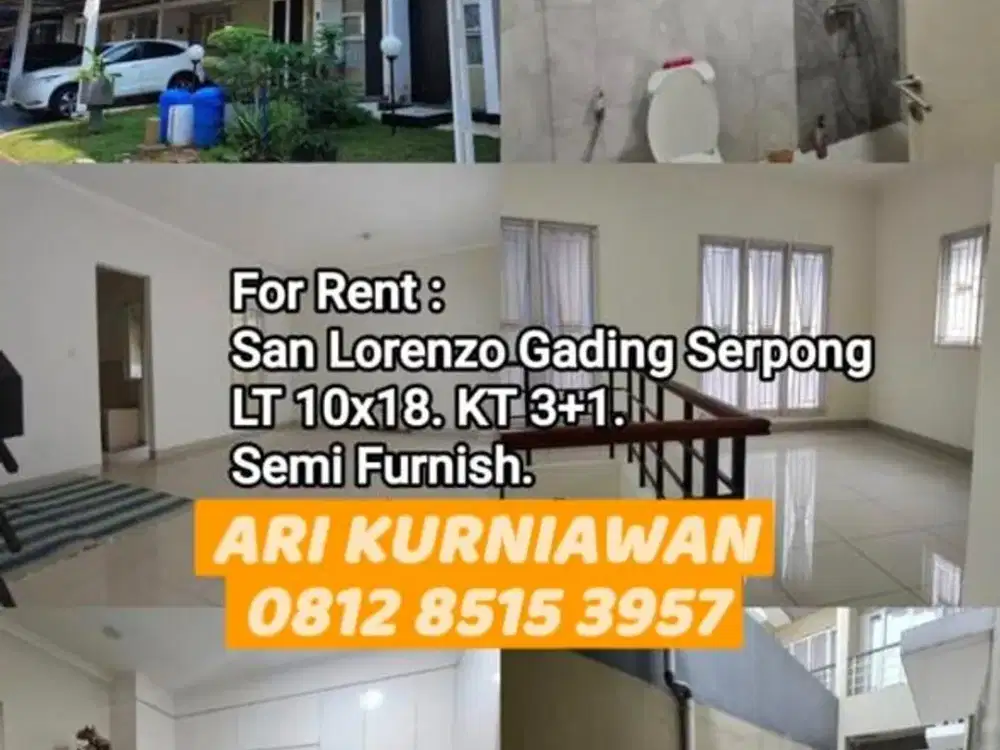 Disewakan cluster san lorenzo 10x18 furnish 3kamar + 1 Inc kanopi 5 ac + water heater  Kitchen sett Ari kurniawan gaspro 081285153957