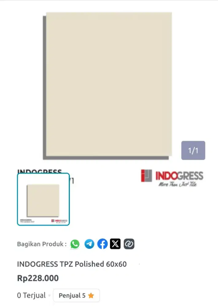 Lantai Granite Tile Indogress 60x60 Cream 1.44 m2. Stok 37.44 M²