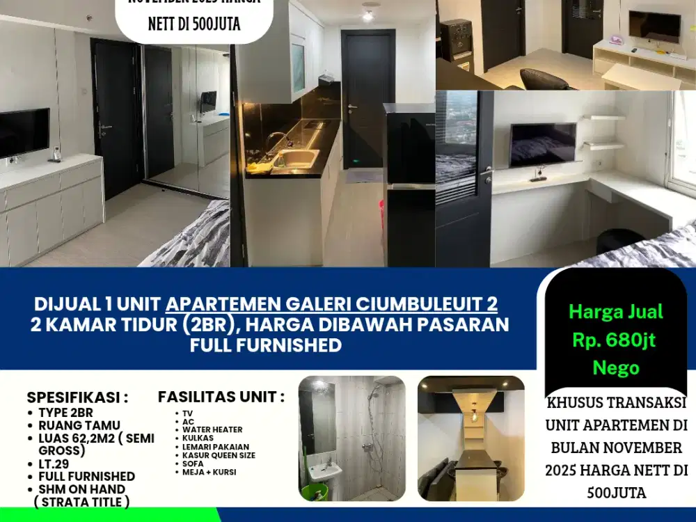 Dijual Cepat 1 unit Apartemen Galeri Ciumbuleuit 2
2 kamar tidur (2br), harga dibawah pasaran 
Full Furnished
