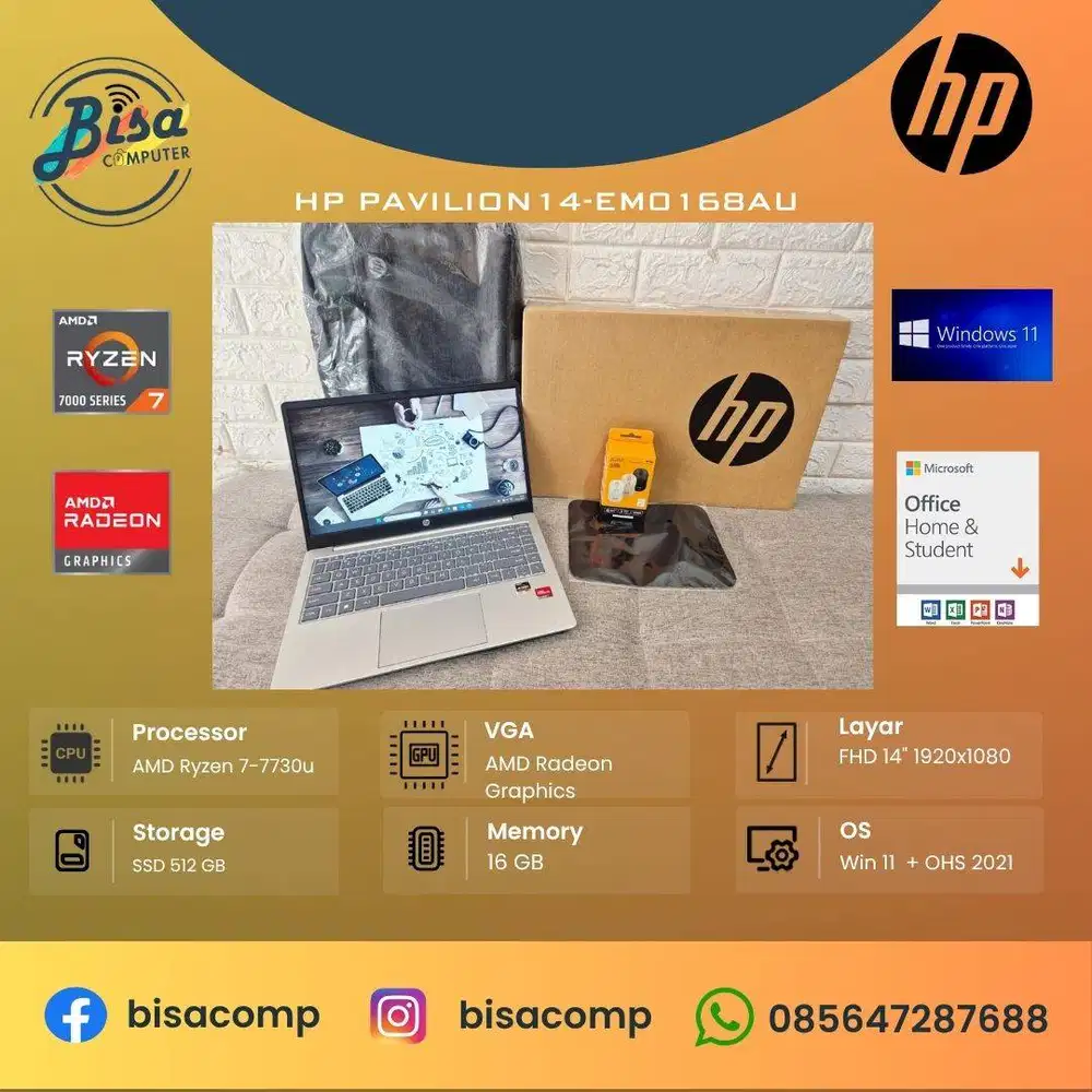 HP Pavilion 14 EM0168AU BNOB AMD Ryzen 7-7730u ssd 512gb ram 16gb