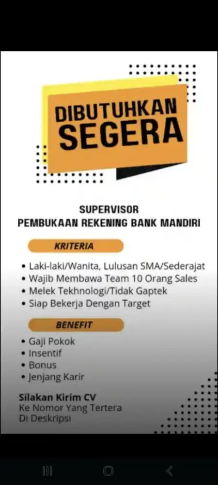 Dibutuhkan pekerjaan sales bank mandiri