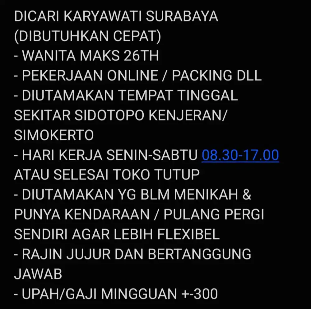 KARYAWATI ONLINE WANITA SURABAYA KENJERAN SIDOTOPO