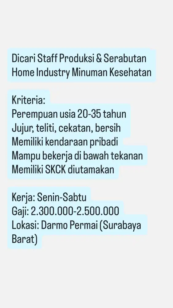 Loker Staf Produksi & Serabutan home industry Minuman Kesehatan