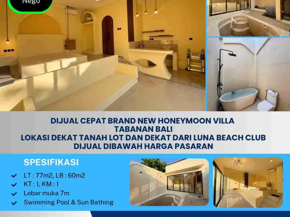 DIJUAL CEPAT BRAND NEW HONEYMOON VILLA 
TABANAN BALI
Lokasi dekat Tanah Lot dan Dekat dari Luna Beach Club
dijual dibawah harga pasaran
