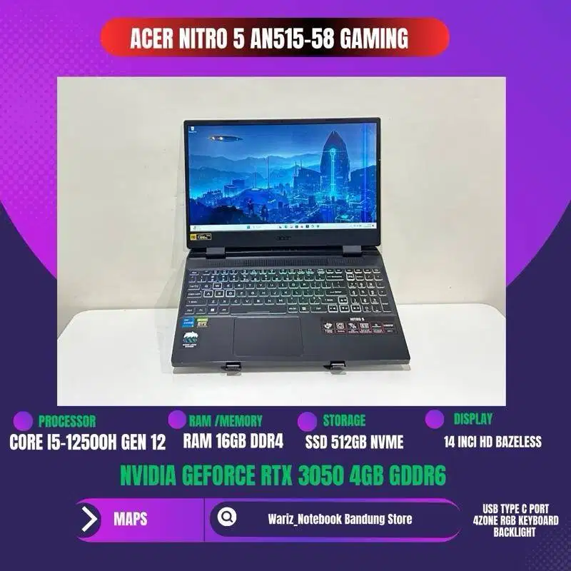 ACER NITRO 5 AN515-58 CORE I5-12500H NVIDIA RTX 3050 RAM 16GB SSD 512G