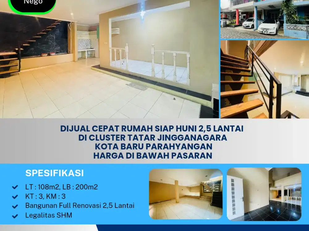 Dijual Cepat Rumah Siap Huni 2,5 Lantai 
di Cluster Tatar JINGGANAGARA
Kota Baru Parahyangan
Harga di Bawah Pasaran