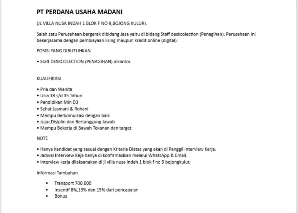 Lowongan kerja staff deskcolection.