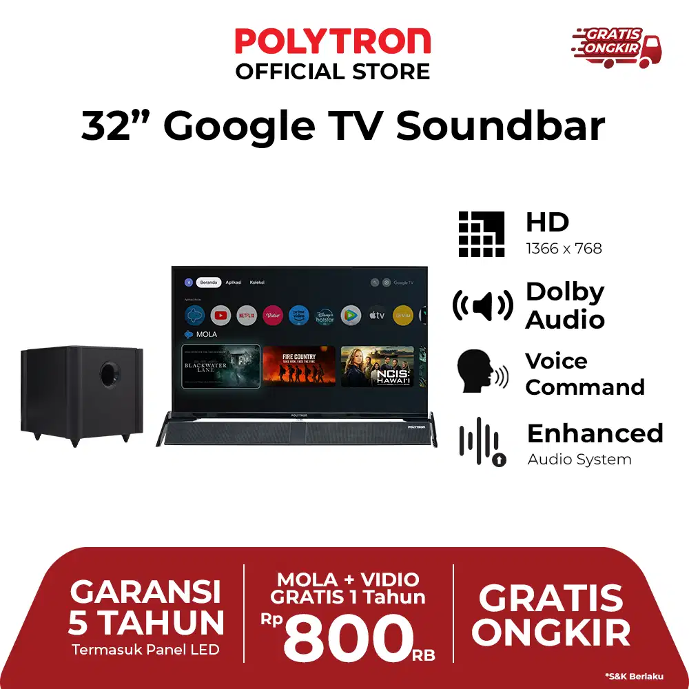 LED TV POLYTRON SMART GOOGLE 32 INCH - PLD 32 BG 5058 FREE BRACKET