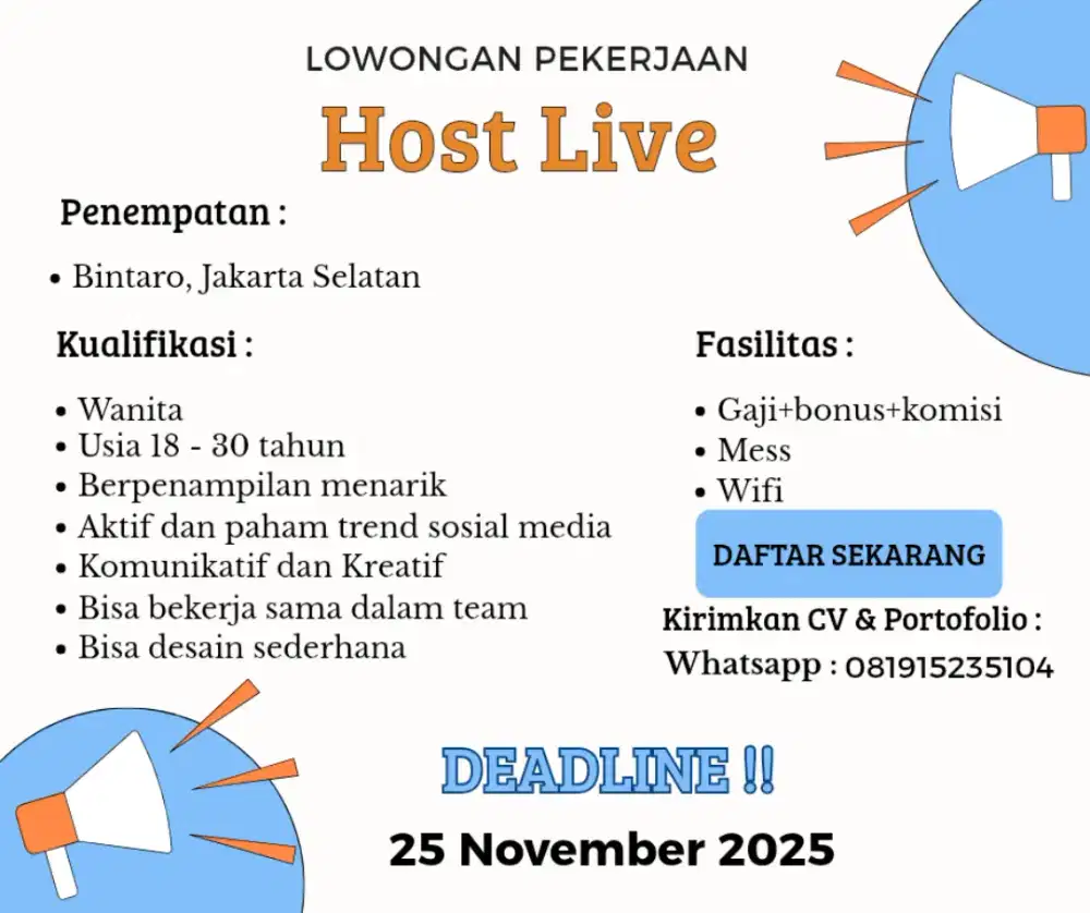 LOWONGAN KERJA WANITA, HOST LIVE E-COMMERCE