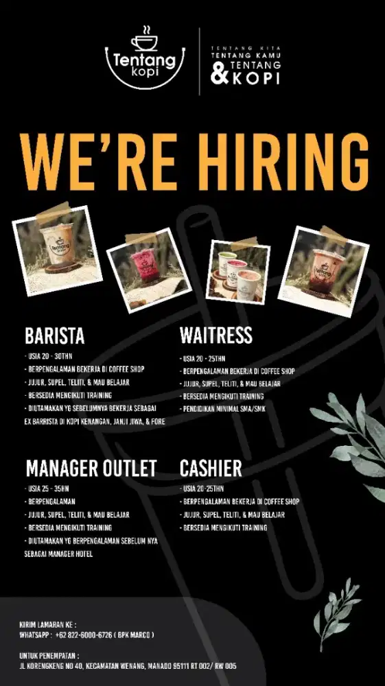 Dicari SDM untuk profesi: Barista, Chef, Manager outlet, Waitress