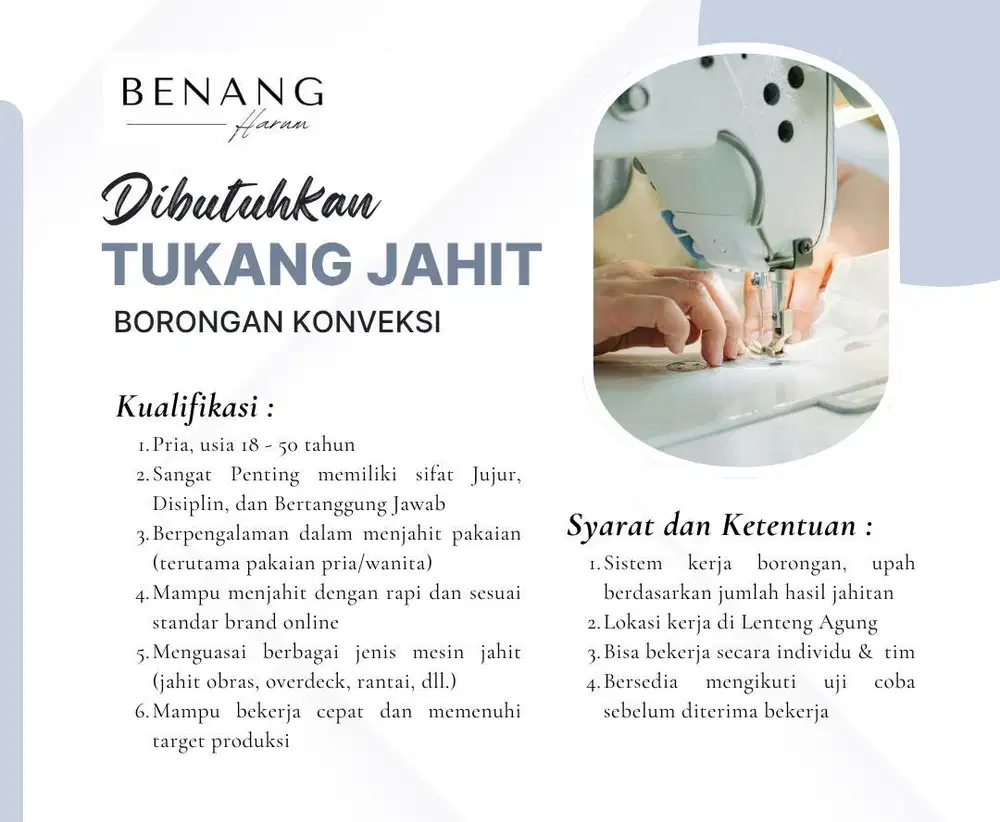 Dibutuhkan Segera, Tukang Jahit Borongan Berpengalaman