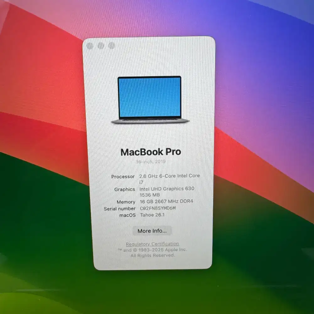 Macbook Pro 2019 Core I7 layar 16 Inch Ram 16 Ssd 512 Space Grey buat