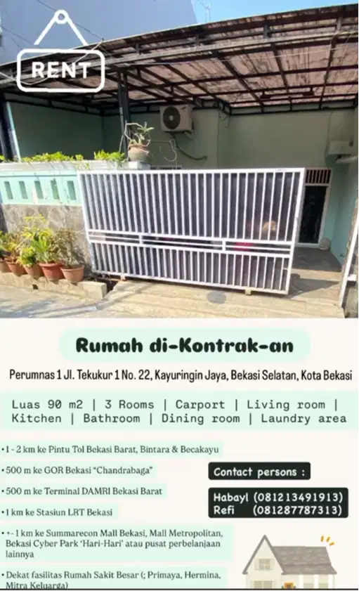 Rumah Dikontrakan, Dekat dengan stasiun Bekasi