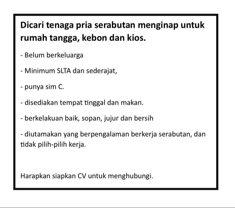 Dicari tenaga pria serabutan menginap untuk rumah tangga, kebon & kios