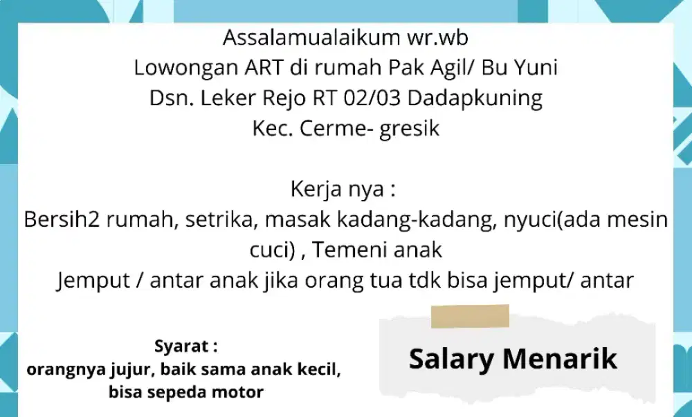 Lowongan kerja - Asisten Rumah Tangga