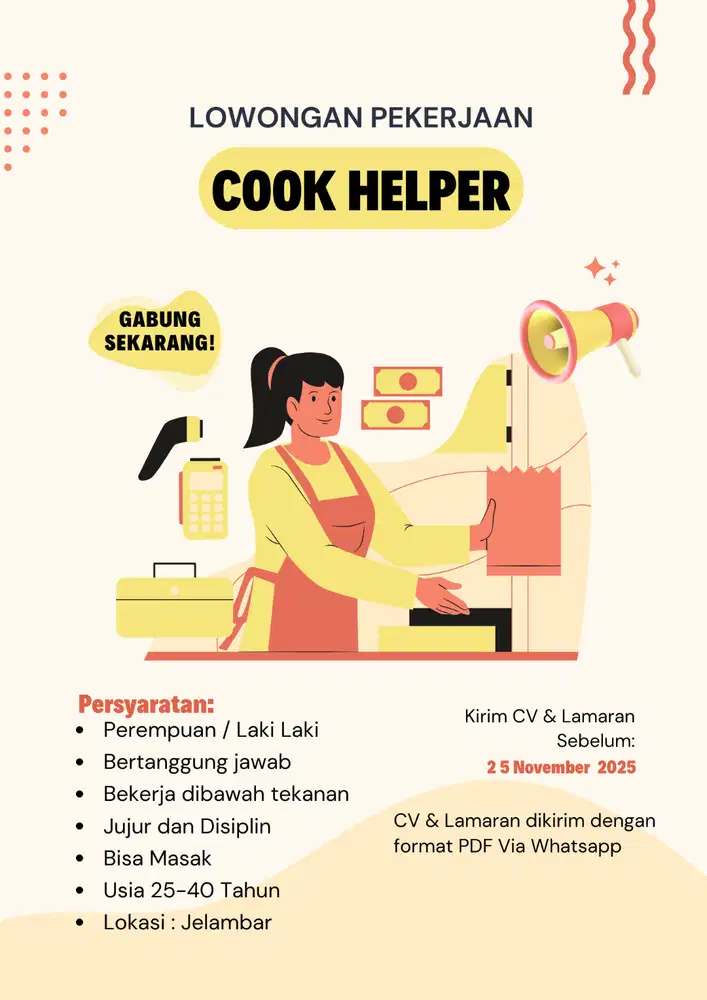 BUTUH CEPAT TUKANG MASAK 2 ORANG & COOKHELPER 1