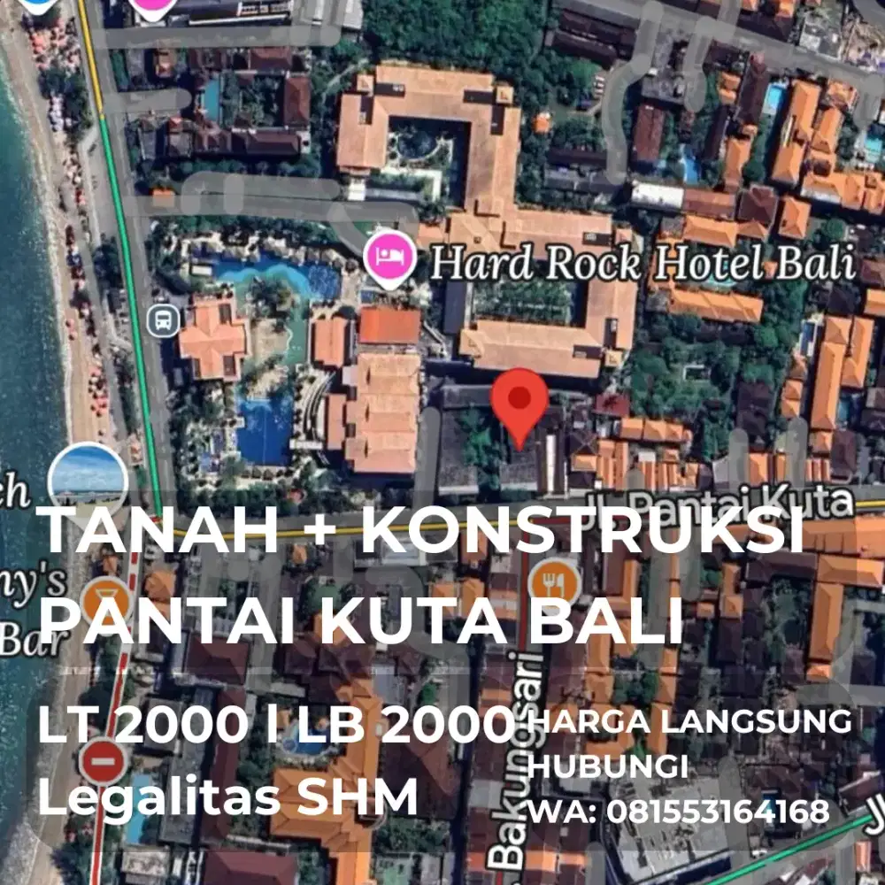 JUAL/SEWA TANAH Jl PANTAI KUTA BESERTA KONSTRUKSI BELUM FINISHING BALI